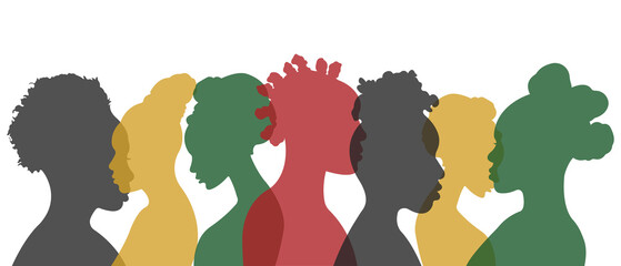 Silhouettes of black African and African-American women.Ethnic group.Concept of identity - racial equality and justice.June Nineteenth - Freedom Day; Liberation Day; Emancipation Day. - obrazy, fototapety, plakaty