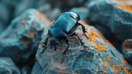 Black beetle moving slowly on the rugged and textured stone surface in a natural environment - obrazy, fototapety, plakaty
