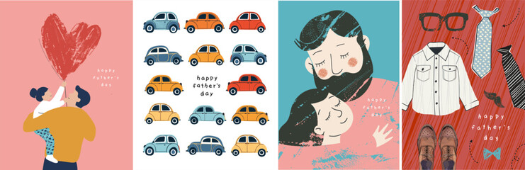  Happy Father's Day. Vector cute illustrations of dad and daughter child, hug, heart, pattern of cars, men's shirt, tie, glasses, boots, shoes, mustache and beard for greeting card, poster or flyer