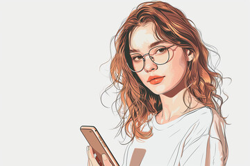 Young woman in glasses and with phone in hands on light background with space for text