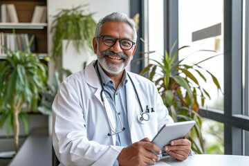 An elderly male doctor of Hindu appearance with a gray beard and a tablet in his hands looks at the camera against the backdrop of a medical office with green flowers