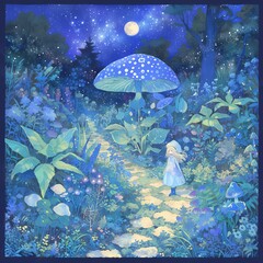 Enchantingly Captivating Nighttime Walk Through a Magical Forest Trail with Luminous Glowing Mushrooms and a Little Girl