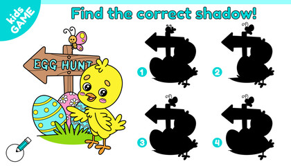 Educational kids Easter game. Find the correct shadow. Cartoon chick standing by a wooden Easter egg hunt arrow sign. Activity book for school children. Vector illustration on spring holiday theme.