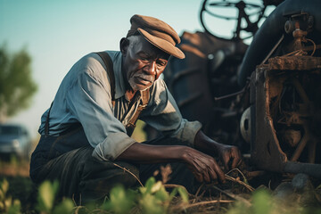 Sad dark-skinned elderly farmer mechanic with a beard in a cap and overalls repairs a tractor in the field, agricultural machinery