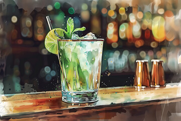 Alcoholic cocktail Moscow mullah with lime and mint on the bar counter in the bar in watercolor style