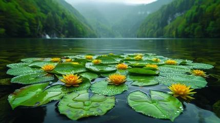 Foto op Canvas   A collection of water lilies floating atop a tranquil lake Beside it, a verdant forest teems with trees © Olga