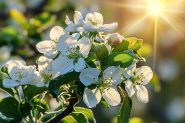Apple blossoms on a branch with green leaves on the background of the sun, spring blossoming gardens, labor day and May 1