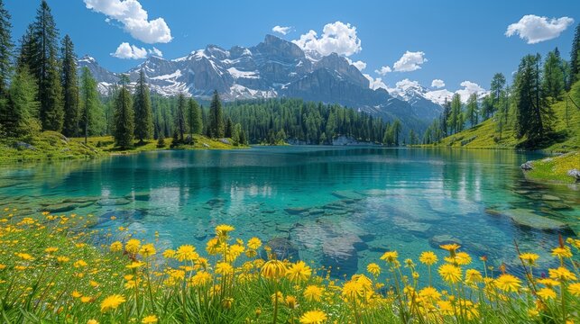   A serene lake nestled among trees and blooming flowers, backed by a towering mountain The sky above is painted with clouds, while the lake's body gleams blue, d