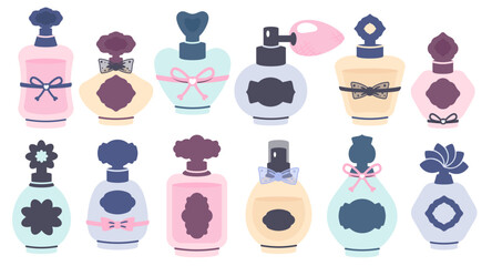 Set of Parfume bottles. Various cosmetic products aroma essence in glass packages. Aroma essence of different shapes, designs and colors. Vector flat illustration for logo, fashion, cosmetic industry