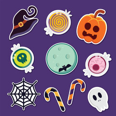 Halloween cartoon stickers set. Flat vector illustration.
