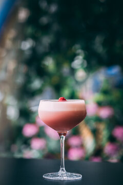 Summer vibe cocktail in martini glass, decorated with berry