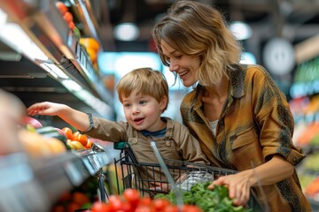 Smiling woman with her son selecting groceries in the supermarket