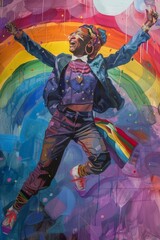 Exuberant Celebration,A woman leaps with exuberance against a vibrant rainbow backdrop, expressing unrestrained joy, freedom, and the celebration of life in a powerful and colorful artwork