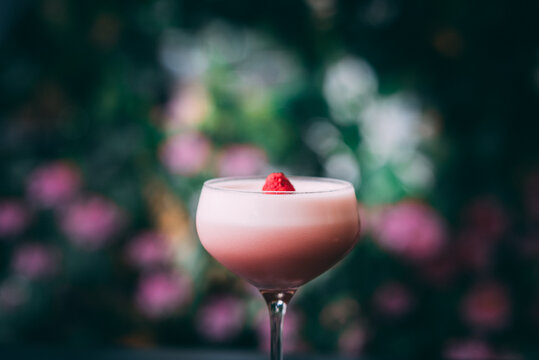 Summer vibe cocktail in martini glass, decorated with berry