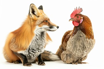 Fototapeta premium Red fox, Vulpes vulpes, sitting next to a Hen, looking at each other