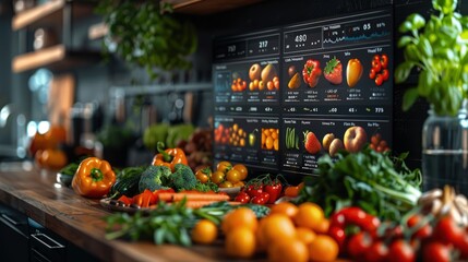 AI-developed nutritional plans, health-focused kitchen, food data on display