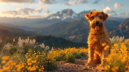 Airedale terrier on a hiking trail, mountain view, adventurous - obrazy, fototapety, plakaty