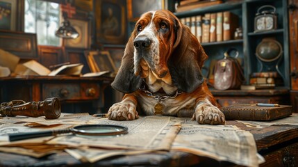 Basset hound in a detective setup, magnifying glass, clue papers around - obrazy, fototapety, plakaty