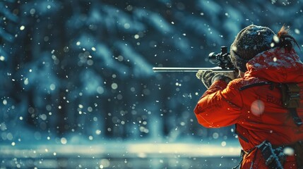 Biathlete shooting in snow, target in view, wintry forest background - obrazy, fototapety, plakaty