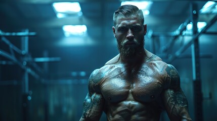 Fototapeta na wymiar Bodybuilder posing in gym, dramatic lighting, muscle details highlighted