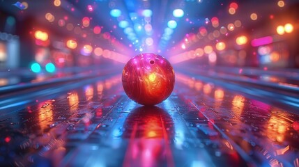 Bowler releasing ball in alley, focus on spinning ball, neon lights - obrazy, fototapety, plakaty