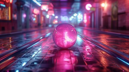 Bowler releasing ball in alley, focus on spinning ball, neon lights