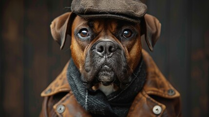 Boxer dog dressed as a detective, noir film style, moody lighting