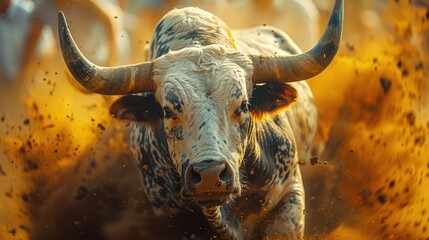 Bull rider at rodeo, dynamic action, dust and motion - obrazy, fototapety, plakaty