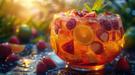 Caribbean rum punch, tropical fruits, in a glass bowl, party setting