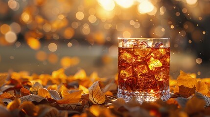 Chai-infused bourbon cocktail, in a stout glass, autumn leaves background - obrazy, fototapety, plakaty