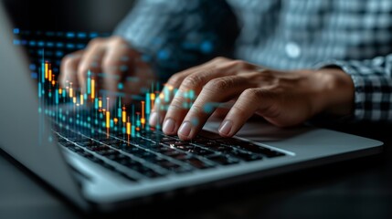 Fototapeta premium Businessman working on laptop analyzing market data at the office, closeup view of hands typing on keyboard in dark room, financial chart graphs concept.