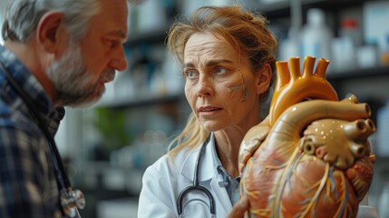 Doctor explaining a heart model to a patient during a consultation about cardiovascular health - obrazy, fototapety, plakaty