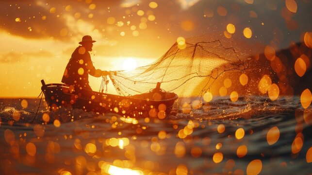 Cypriot fisherman casting nets in the early morning light off the coast of Paphos