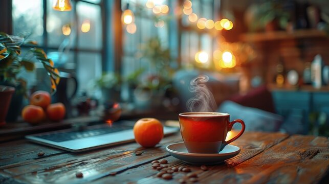 Developer writing AI algorithms, coffee cup steaming, early morning coding session