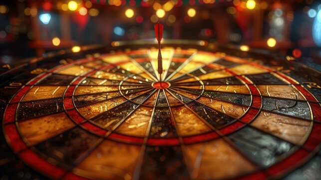 Darts player aiming at bullseye, pub setting, sharp focus on dart