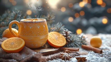 Hot buttered rum, steamy and aromatic, in a ceramic mug, winter theme