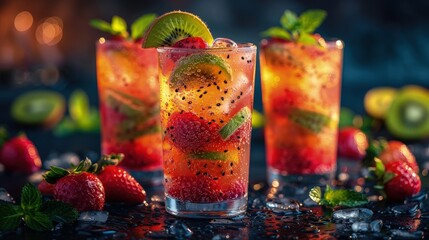 Kiwi and strawberry cocktail, colorful and sweet, in a tall glass, festive - obrazy, fototapety, plakaty