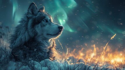 Husky in a snowy landscape, northern lights above, magical aura
