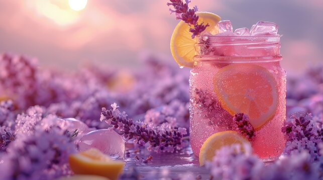 Lavender lemonade vodka, pastel purple, in a mason jar, summer day