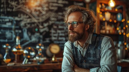 Obraz premium Quantum physicist programming AI models, complex equations on blackboards, deep focus