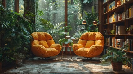 Psychologist's office with comfortable chairs, a calm ambiance, and psychological books on a shelf