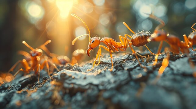 Detailed macro image of ants devouring a deceased ant in the lush forest habitat