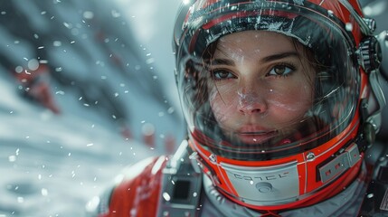 Skeleton racer on icy track, high speed, close-up on helmet