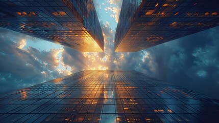 Skyscraper intersection, looking up towards the sky â€“ Wormâ€™s eye view - obrazy, fototapety, plakaty