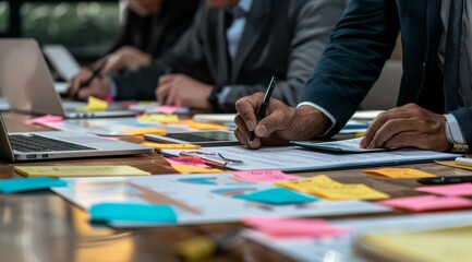 Close up of business people team working together at the office table with documents, laptop and sticky notes.