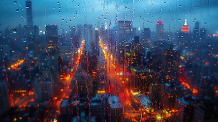 Skyscrapers seen through a rain-soaked window, blurred vision â€“ Rainy city