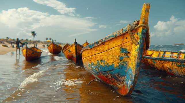 Senegalese fishermen launching colorful pirogues into the Atlantic at a vibrant Dakar beach