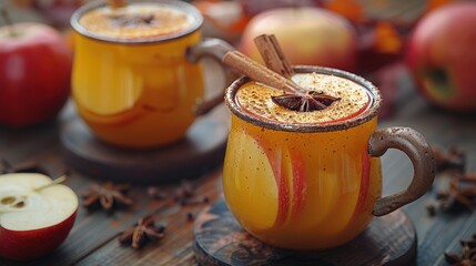 Spiked apple cider, with a cinnamon stick, in a rustic mug, autumn harvest - obrazy, fototapety, plakaty