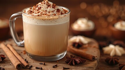 Spiked chai latte, creamy with a cinnamon garnish, in a clear mug - obrazy, fototapety, plakaty