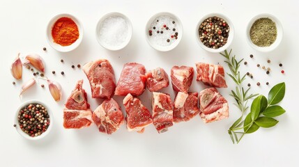 Pork and seasonings are separated on a white background prior to being cooked